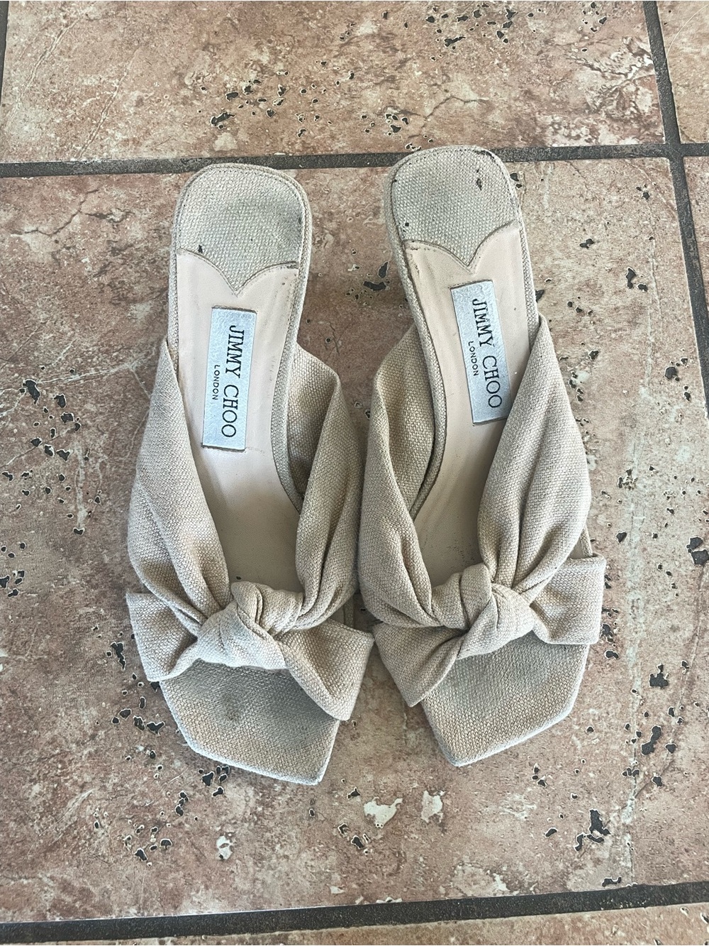 Jimmy Choo Beige Knot-Front Slide Mules